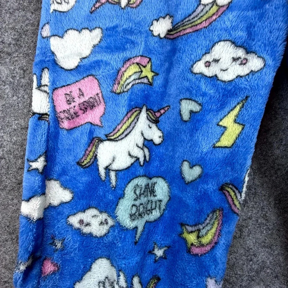 Saturdaze‎ Pajama Pants Womens Medium Blue Fleece Unicorn Rainbow Clouds Print